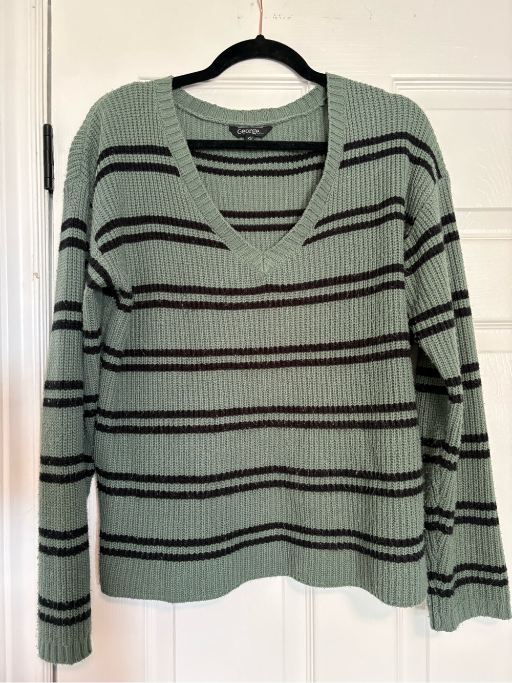 George Sage Green V-Neck Striped Sweater